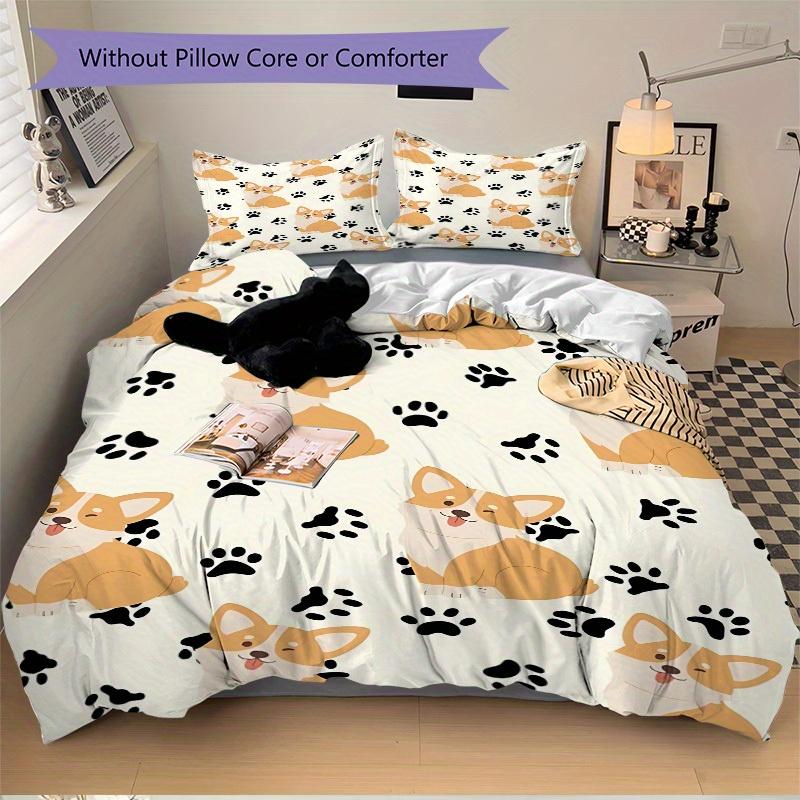 3pcs Corgi, Paw Prints Bedding Set, Breathable And Soft, Suitable for All Seasons Machine Washable, Suitable for Bedroom Decoration,yy250822174