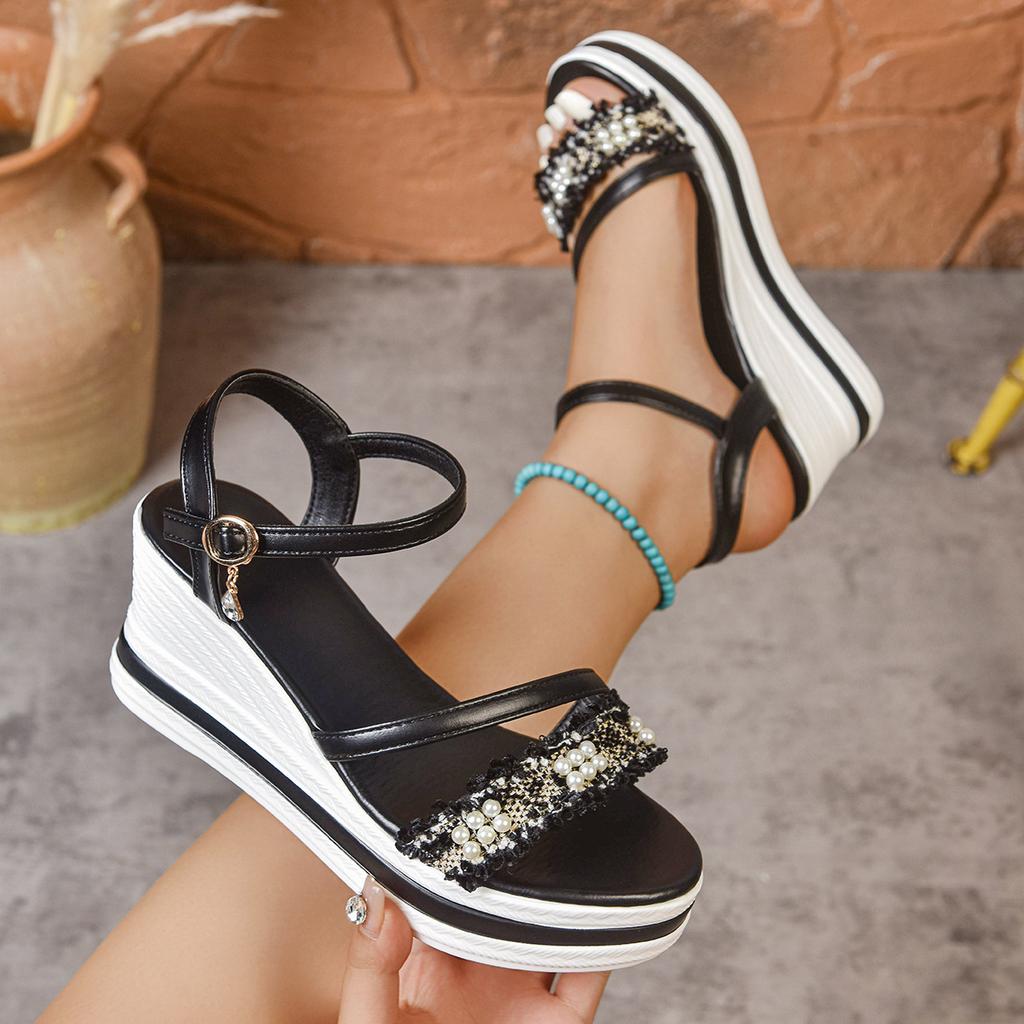Comemore Summer New Roman Style Sandals Large Size Pearl Decoration Wedges Thick Bottom Casual Heeled Sandales Women's Shoes
