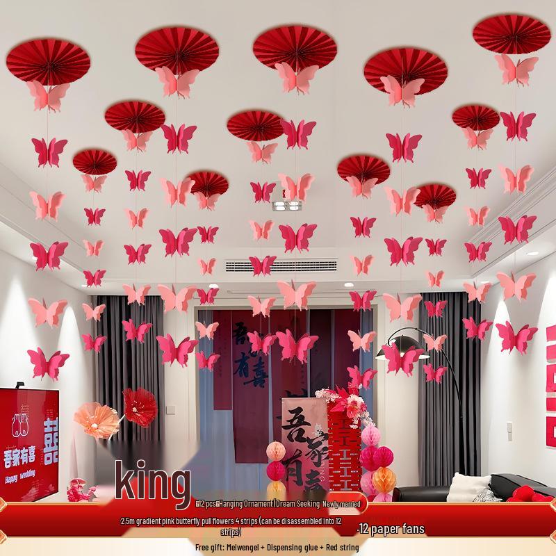 Wedding Décor: Double Happiness Paper Cut Ornaments for Ceiling and Walls, Festive Butterfly Pull Flowers for Bedrooms and Living Rooms