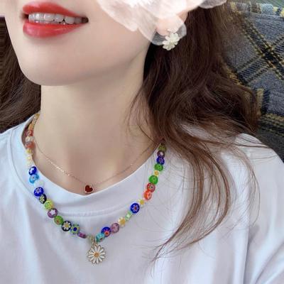 Small Daisy Beaded Necklace Glazed Beads Handmade Necklace with a Hundred Accessories