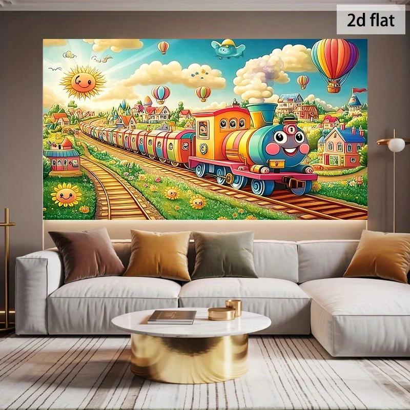 2D 1 Stück buntes Park-Hintergrundgewebe im Zug-Design, geeignet für die Verwendung als Hintergrund im Schlafzimmer und Büro