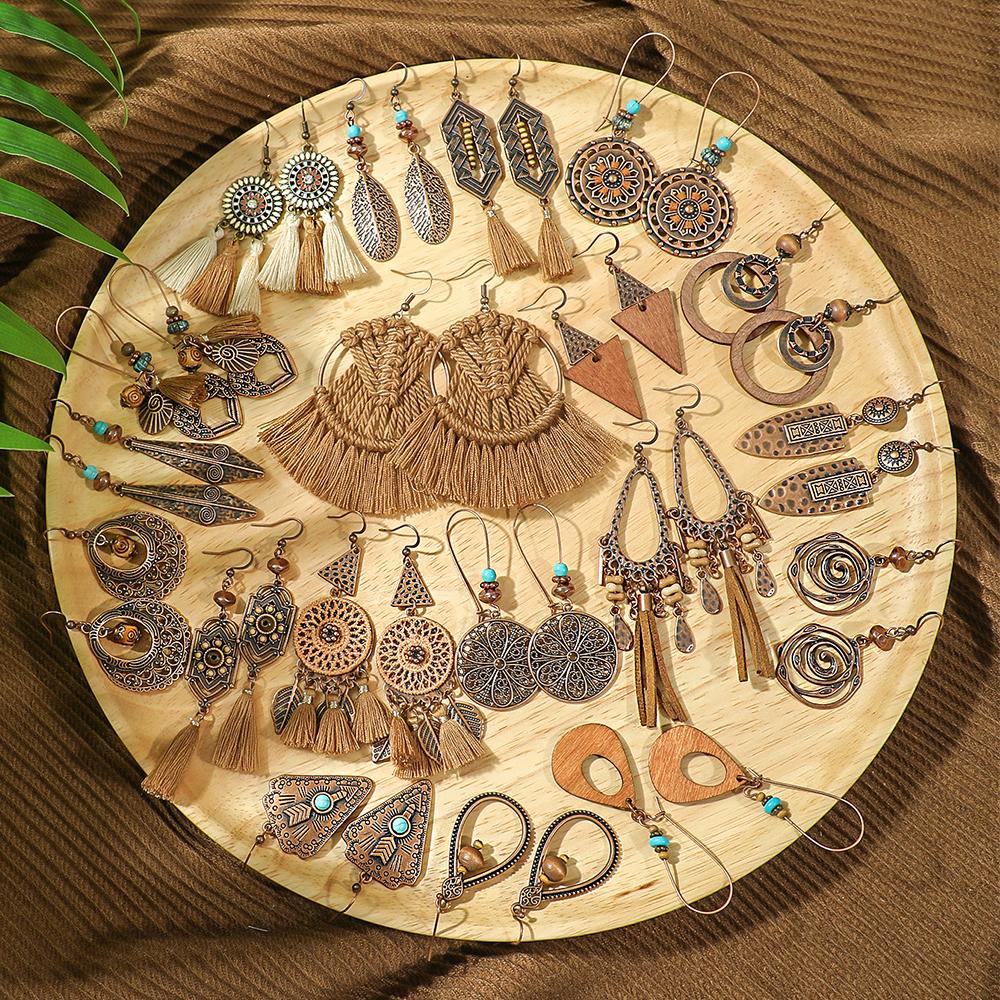 19 párů Boho náušnic Vintage hnědá série náušnic Střapcové tkané výrazné geometrické visací náušnice Lehké všestranné dárky