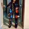 Women Plus Size Printed Wide Leg Pants And Irregular Hem Three Quarter Sleeve Round Neck Top Two Piece Outfit
