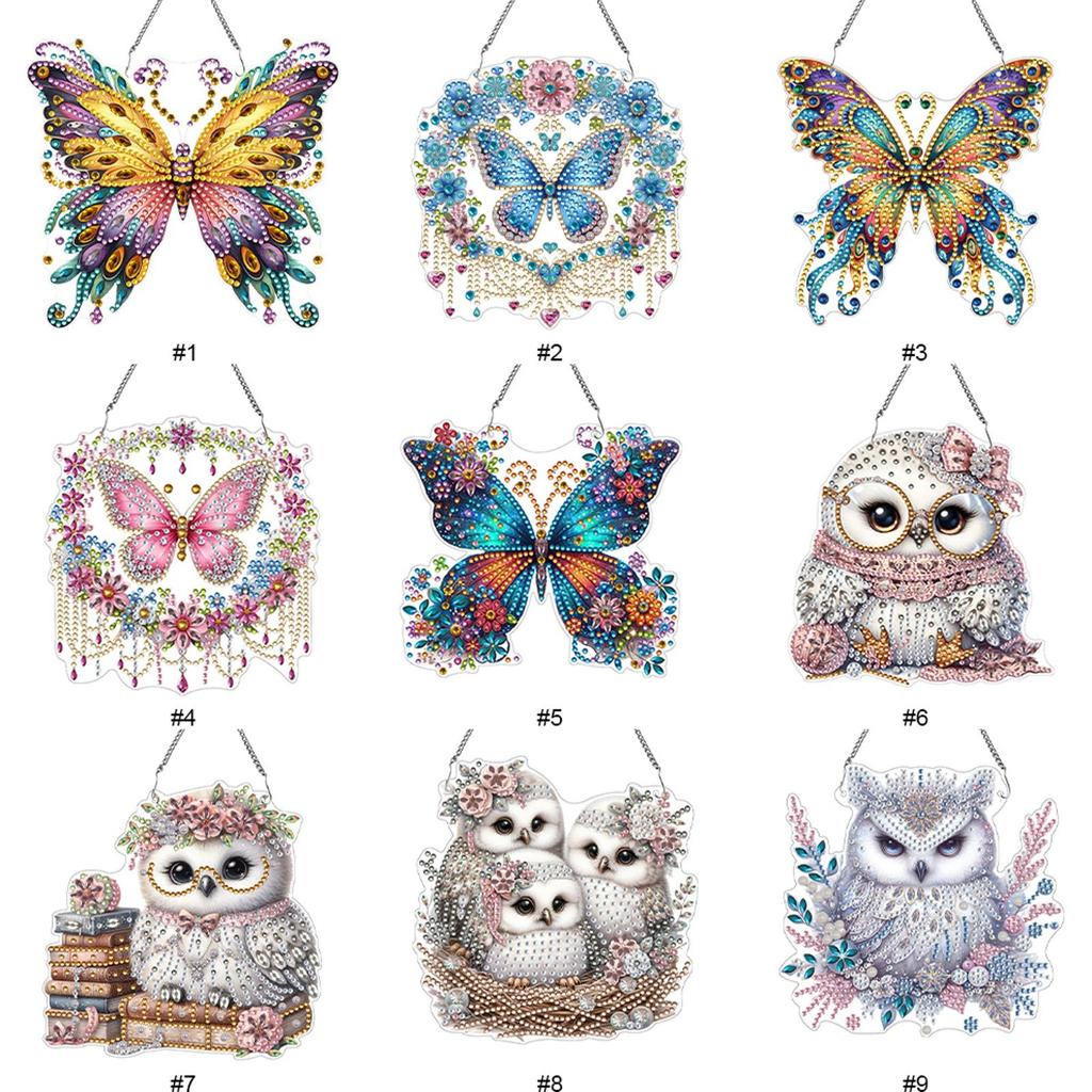 Double Sided Acrylic Owl 5D DIY Diamond Painting Dots Pendant Rhinestone Diamond Art Pendants for Garden Window Decor