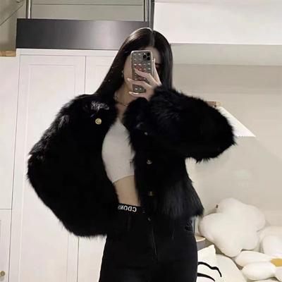 Herbst und Winter neue schwarze Kunstfuchsfelljacke Damen locker Plüsch Kurzmantel