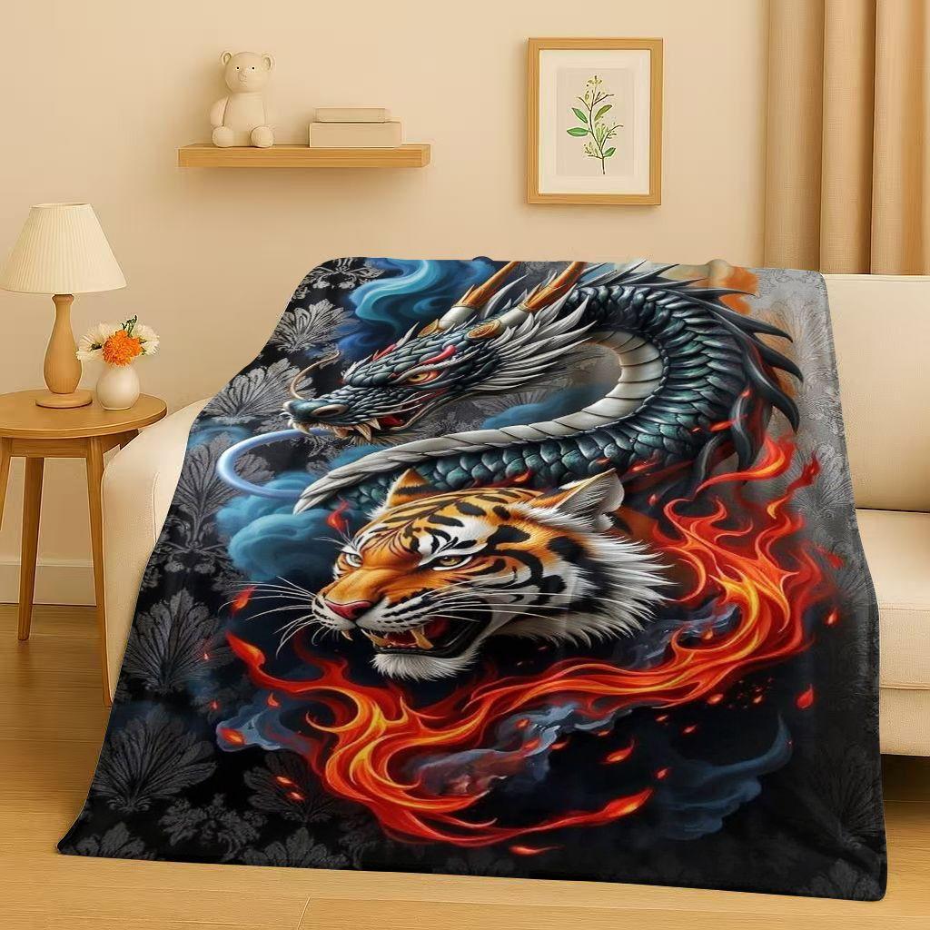 HD Yin Yang Element Dragon Chinese Loong Cartoon Flannel Blanket,Ultra Soft Warm Plush Throw for Home Bedroom Bed Sofa Cover Kid