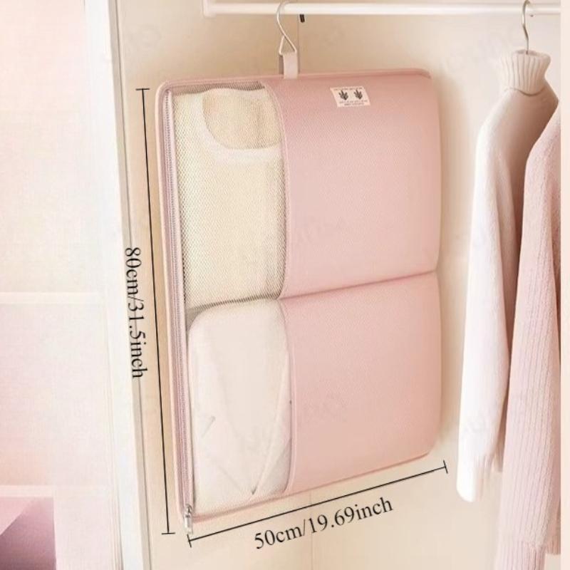 1Pc Special Hanging Compression Storage Bag For Down Jackets, Wall-Mounted Mesh Bag With Metal Hook For Home Wardrobe, Hanging Bag For Large Garments Pink double grid 80*50