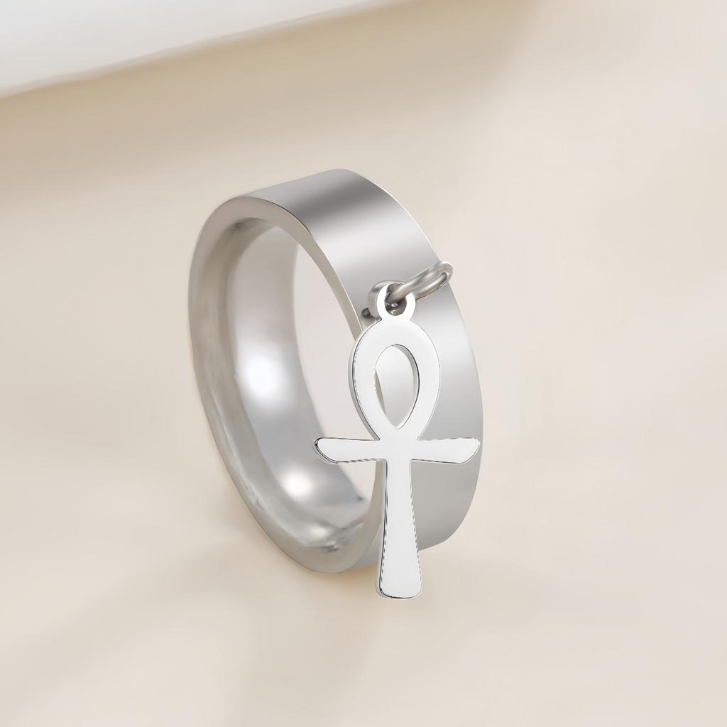 Jeshayuan Ankh Cross Ring for Women Men Stainless Steel Egyptian Symbol of Life Pendant Ring Vintage Religious Jewelry Gift