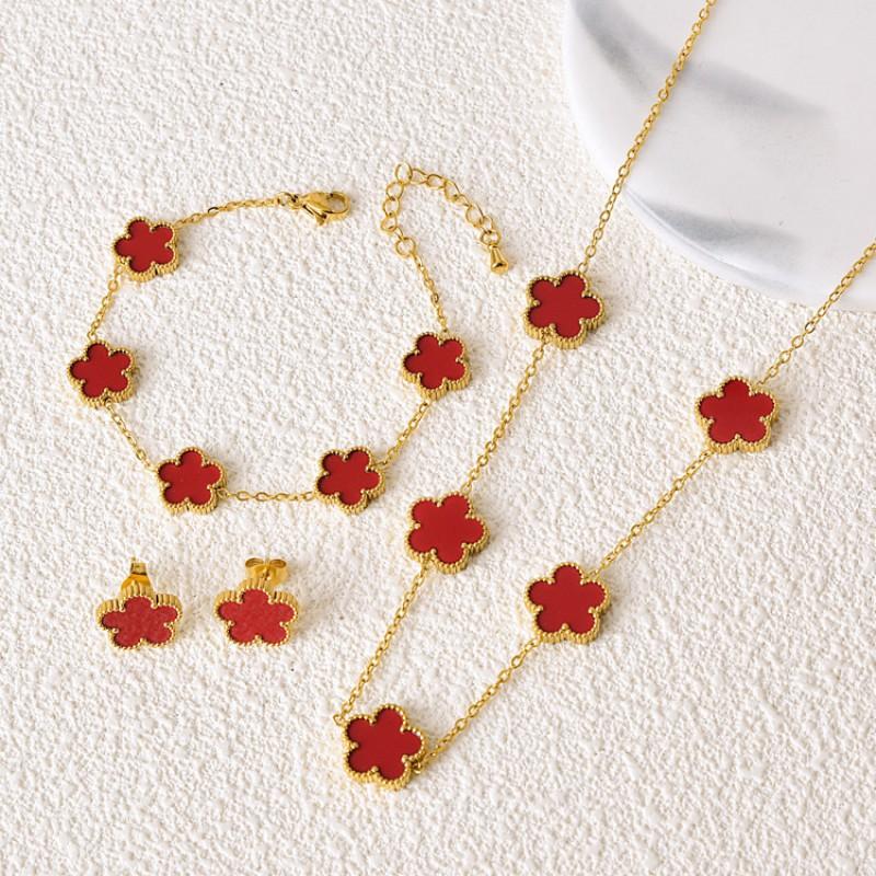 Double-Sided Lucky Clover Titanium Steel Necklace Earring Set Women Minimalist Fashion Daily Wear