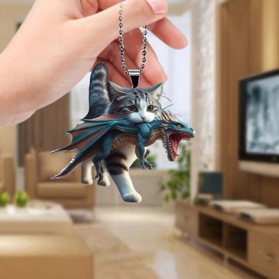 Cat Car Pendant Realistic Animal Cat Dinosaur Shaped Rearview Mirror Hanging Ornament 2D Acrylic Keychain Backpack Charm Car Interior Accessories