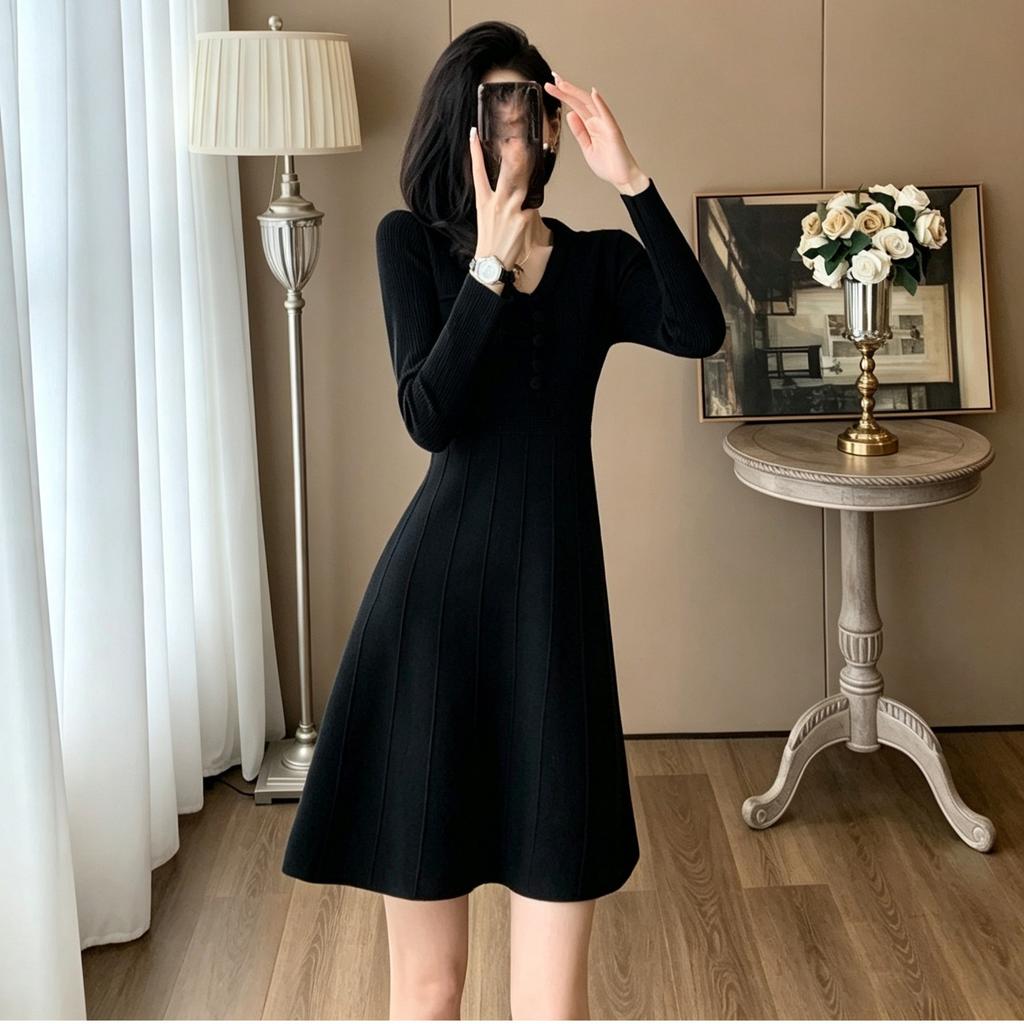 Autumn Winter V-neck Long-Sleeve Knit Dress for Women Elegant Solid Double Pockets Vertical Stripes A-Line Short Sweater Dress