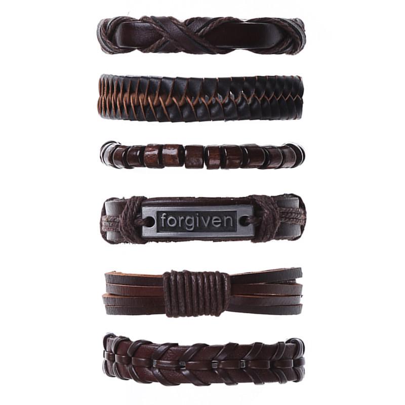Punk 6-Piece Genuine Leather Multi-Layer Bracelet Set