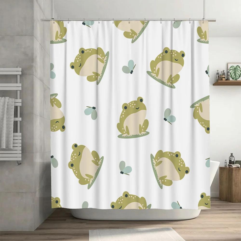 Adorable Frogs Dragonflies Shower Curtain Kids Bathroom Decor Set for Home Decoration with Hooks (Green)
