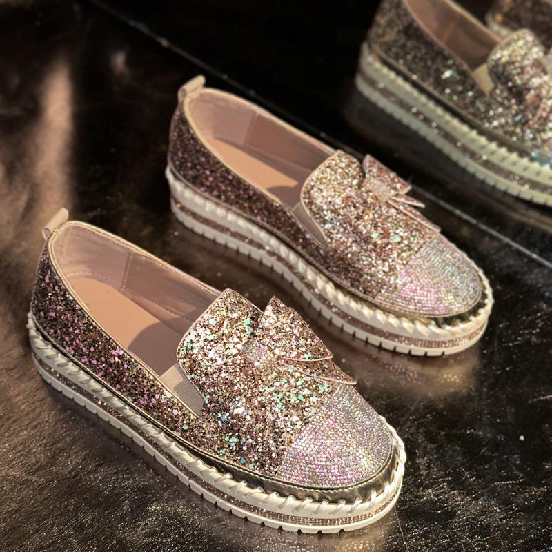 Fashion Brand Design Glitter Bowknot Loafers Women 2025 Summer Comfort Soft Sole Slip On Casual Shoes Luxury Sequin Cloth Sneakers