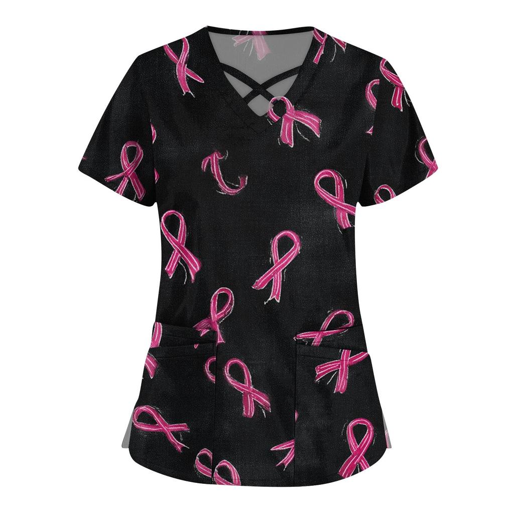 Women's Fashion  V-Neck Short Sleeve Overalls Double Layer Pocket Printed Tops  Apparel