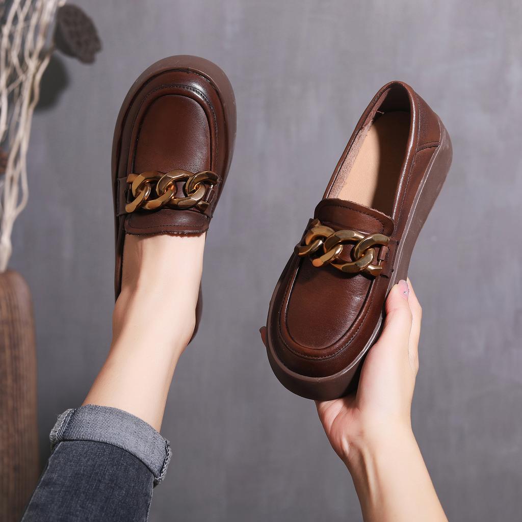 First layer cowhide loafers women's retro washed handmade leather women's shoes women's British style spring and autumn new single shoes