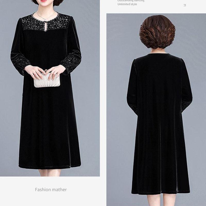 Autumn Winter Women's Gold Velvet Dress Crew Neck Plus Size Dress Long Dresses