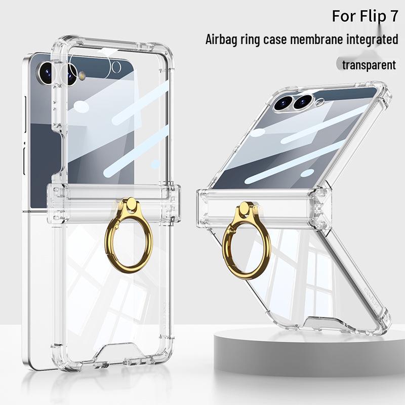 Samsung zFlip7 Hinge Protective Case: Transparent Airbag Full Coverage with Finger Ring Buckle