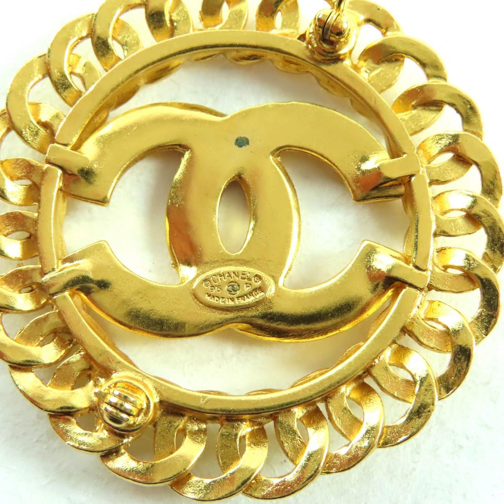 Great CHANEL Brooch COCO Mark Chain Design Gold Women 96P Used