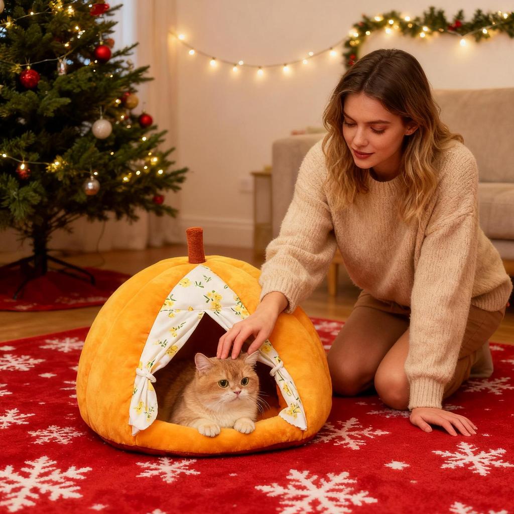 Cat Cave Bed Washable Warm With Removable Pad Pumpkin Enclosed Cat Bed With Door Drape For Calming Sleeping Winter Kitten Small