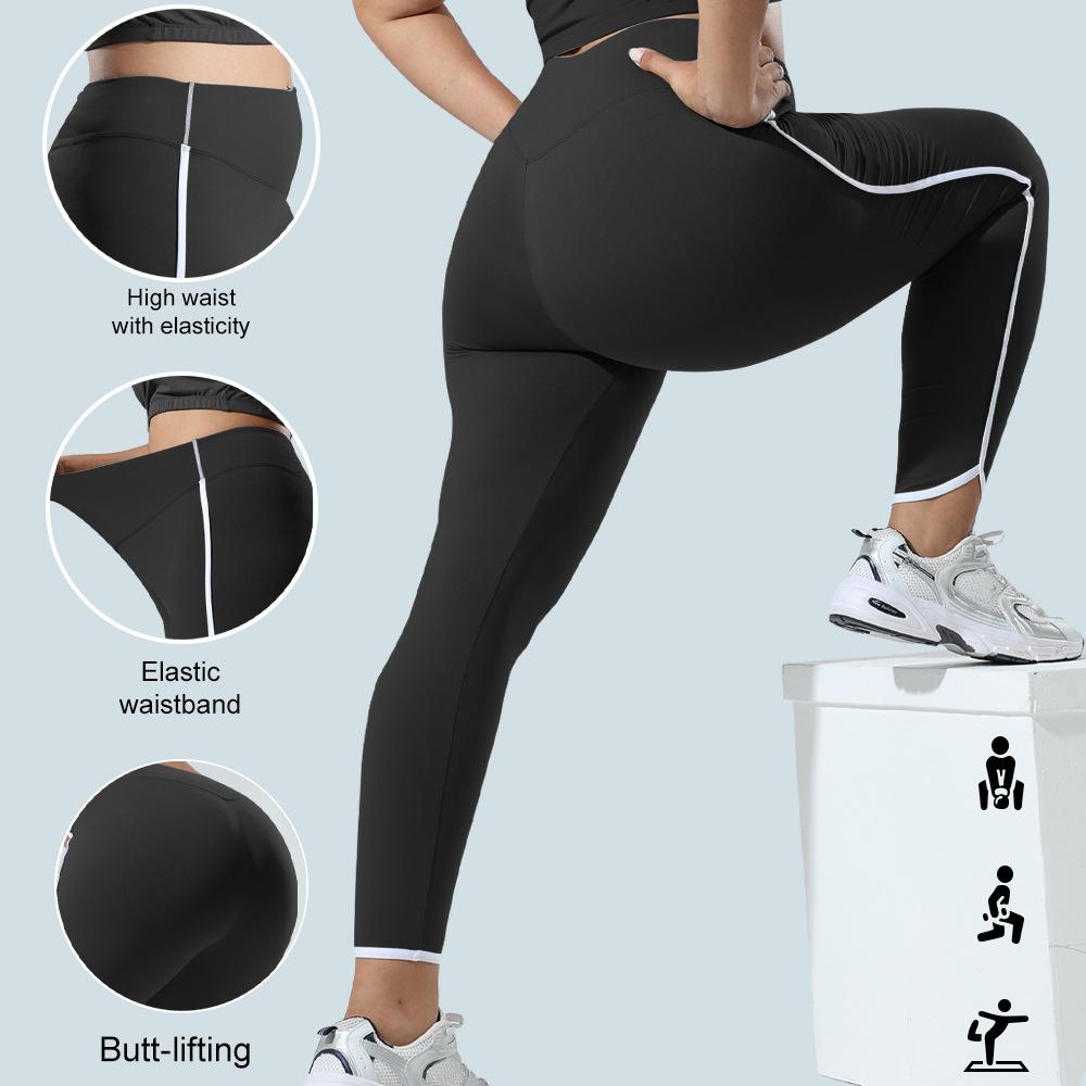 Tight-Fitting Sports Leggings with High Waist and Side White Stripes for Gym Outdoor Cycling Running and Yoga