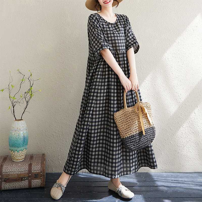 Dünnes Baumwoll- und Leinen Rundhals Kurzarm Kariert Langer Rock für Damen