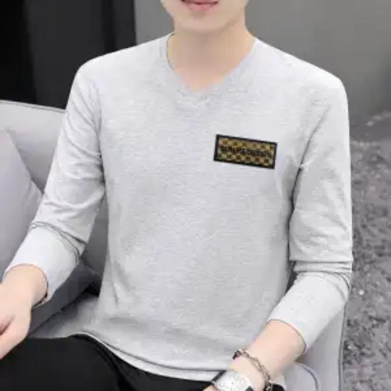 

Весенняя Новая Футболка с Длинным Рукавом из Чистого Хлопка Мужская Приталенная с V-образным Вырезом Повседневный Топ S серый