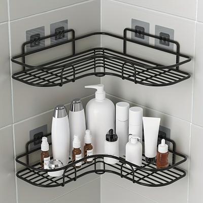 1PCS + 2 Double Hook Patch No Punching Corner Rack, Bathroom Rack, Wall Mounted Bathroom Shampoo Lotion Cosmetics Storage Rack