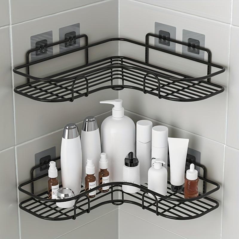 1PCS + 2 Double Hook Patch No Punching Corner Rack, Bathroom Rack, Wall Mounted Bathroom Shampoo Lotion Cosmetics Storage Rack