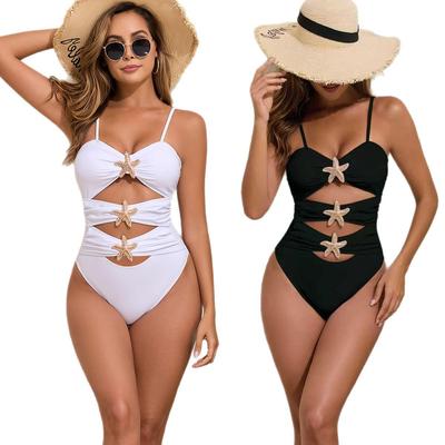 European & American Solid Color Sexy One-Piece Swimsuit with Hollow Metal Star Detail