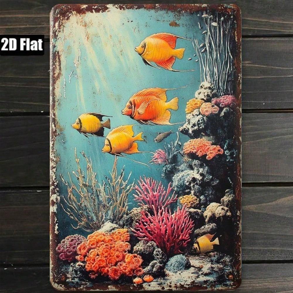 2D Retro Underwater Fish Coral Reef Metal Sign Rustic Wall Art Home Office Decor 7.8x11.8 Inch