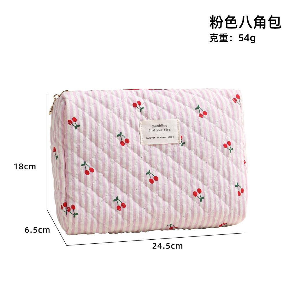 Korean version red cherry print quilted cosmetic bag striped three- versatile simple storage bag going out travel porta