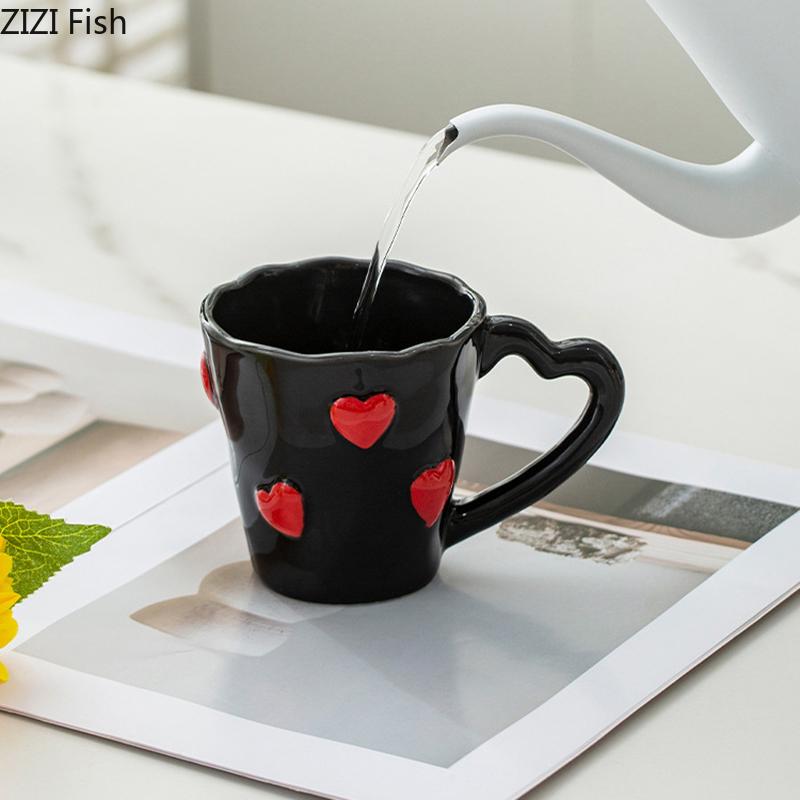 Lovely Heart Shaped Porcelain Mugs Water Cup Tableware 250ml Coffee Mug Dining Table Afternoon Tea Teacup Fruits Juice Cup