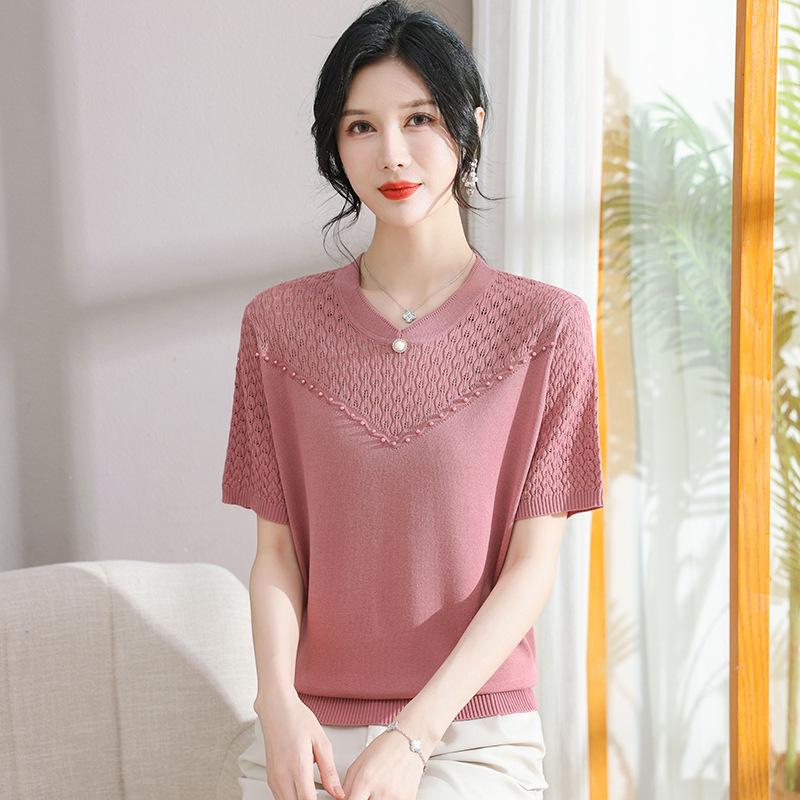 Mom's Summer 2026 Elegant Ice Silk Short-Sleeve Top for Middle-Aged & Elderly Women - Perfect for Mother's Day.