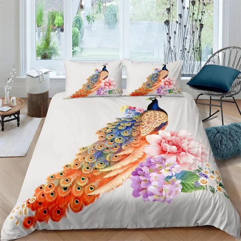 Kinder Pfau Bettbezug Set Einzel Queen Vögel Feder Muster Steppdeckenbezug Zweig Blumen Bettwäsche Set Mikrofaser Tagesdeckenbezug
