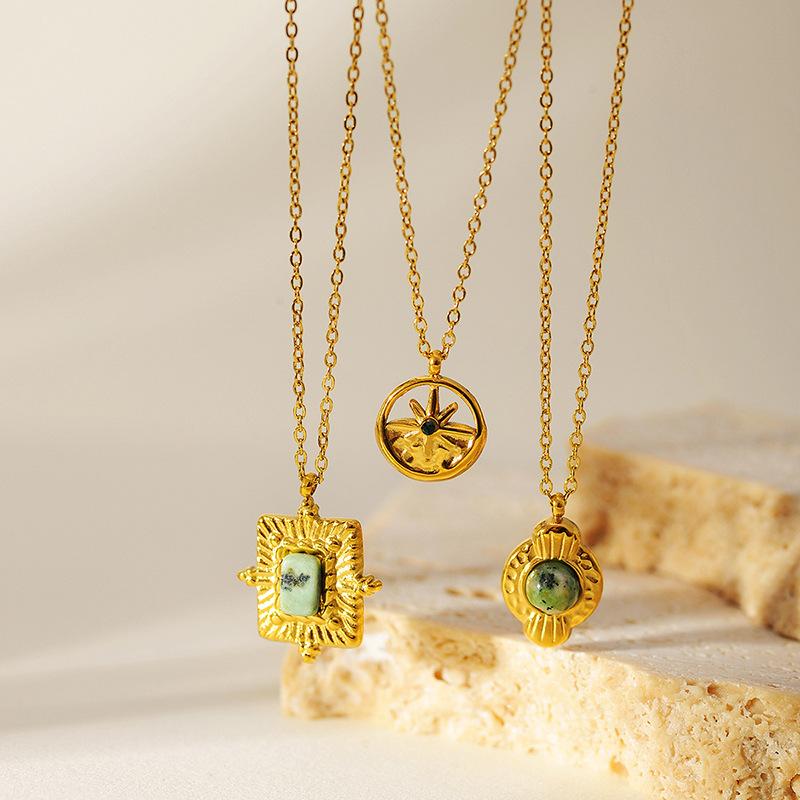 Titanium Steel African Turquoise Natural Stone Pendant Necklace Women's Retro French Simple Collarbone Chain Stainless Steel Gold-plated Necklace