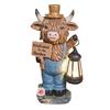 Garden Highland Cow Statue with Battery Powered Lantern, Small Highland Cow Figurine with Welcome Sign, Outdoor Resin Sculpture for Lawn, Patio, Porch