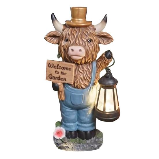 Garden Highland Cow Statue with Battery Powered Lantern Small Highland