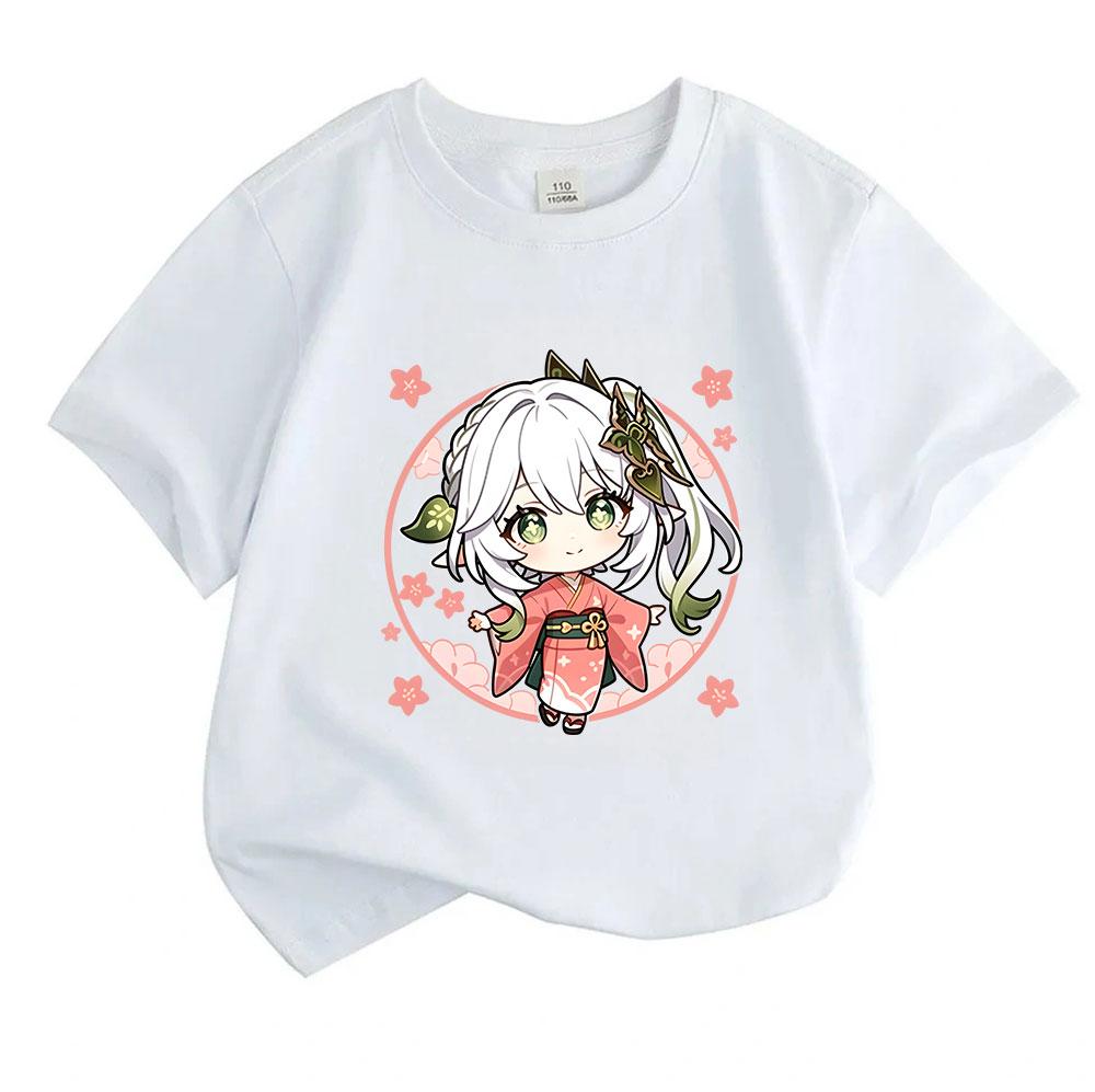 Kids Boys Girls Casual Short Sleeve O-neck 100% Cotton T-shirt Cute Chibi Nahida In Kimono Print Soft Breathable Tees For Spring Summer Daily Wear Gif