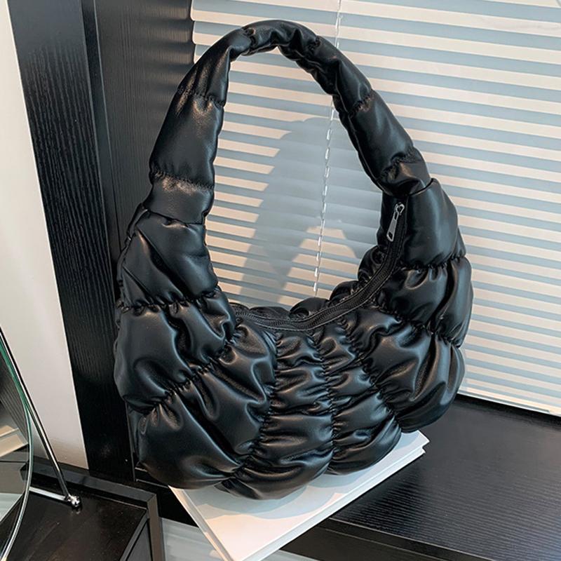 Quilted Padded Crossbody Bag for Women Ruched Shoulder Cloud Bag PU Leather Half Moon Hobo Bag Bubbles Handbag Purses