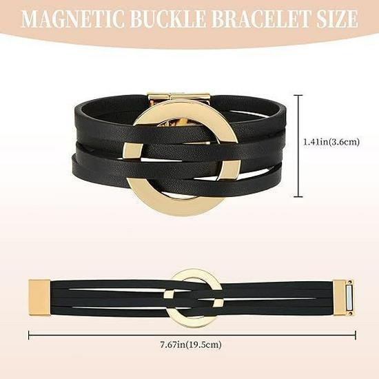 European & American Style Women's Multi-layer Cross Leather Bracelet with Large Metal Cuff Circle.