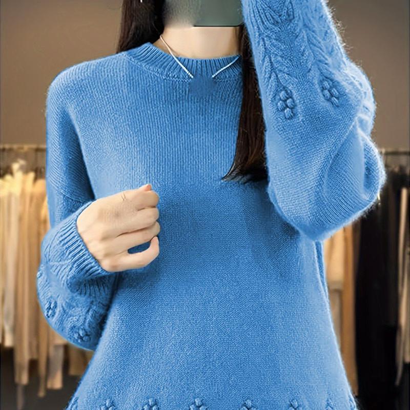 Cozy 3D Embroidered Floral Sweater for Women Loose Fit Long Sleeve Pullover, Light Blue Round Neck Sweater for Fall & Winter
