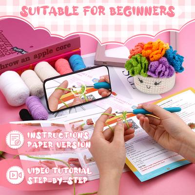 ערכת סריגה בקרצ'ט Fenrry למתחילים - תחתיות עציץ עם סרטוני הדרכה צעד אחר צעד, ווים לסריגה