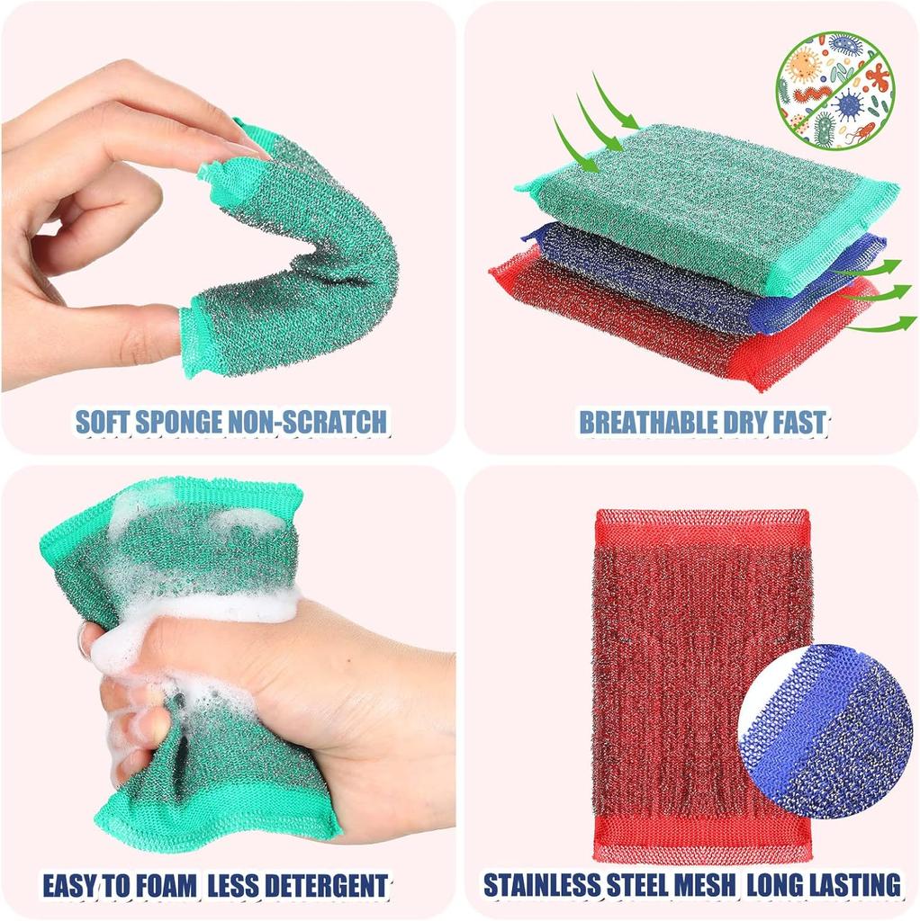 5/60pcs Steel Wire Sponge Wipe Non-stick Oil Brush Double Sided Cleaning Cloth Kitchen Dishcloth Scouring Pad Rag Cleaning Tool