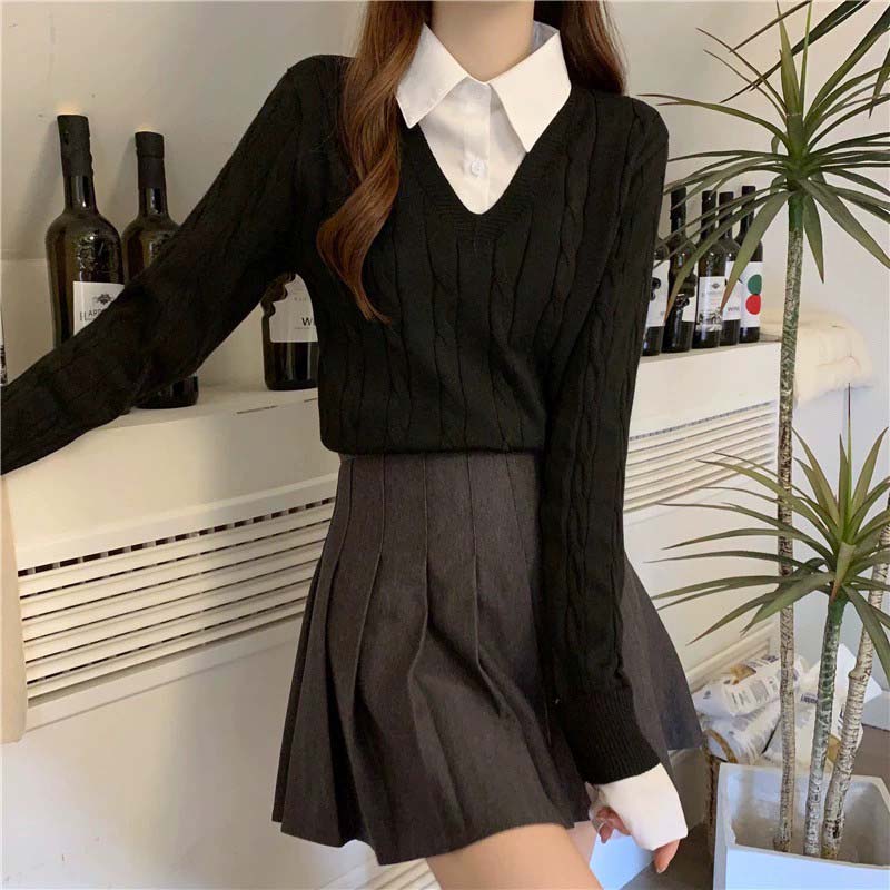 Women's Knitted Sweater Autumn Winter Shirt Collar Sweater Long Sleeved Top Fashion Clothing