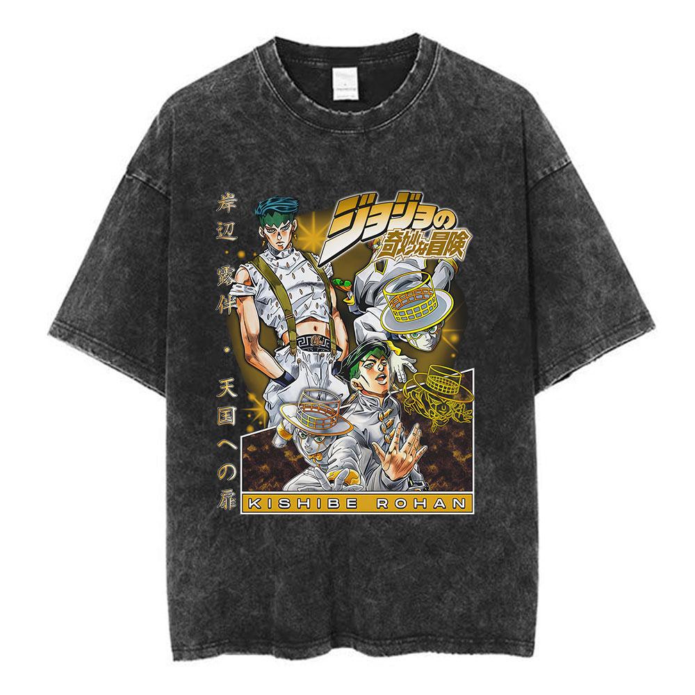 Anime Jojo Bizarre Adventure Kakyoin Noriaki Vintage Acid Washed T Shirts Mens Women Cotton Short Sleeves Top