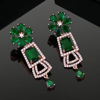 Women's Shimmering Zirconia and Green Stone Rose Gold Earrings