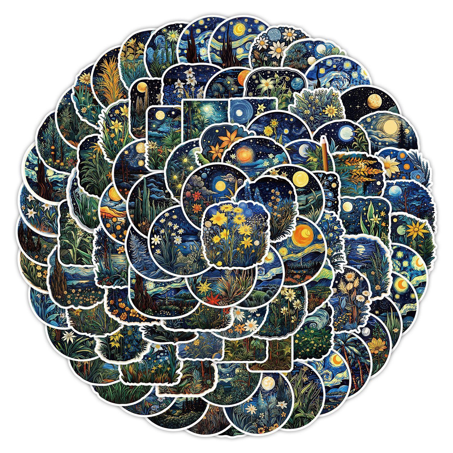 

100 Наклеек-граффити «Звездная ночь» Ван Гога для украшения автомобиля, мобильного телефона, стакана для воды, водонепроницаемые креативные наклейки для чемодана