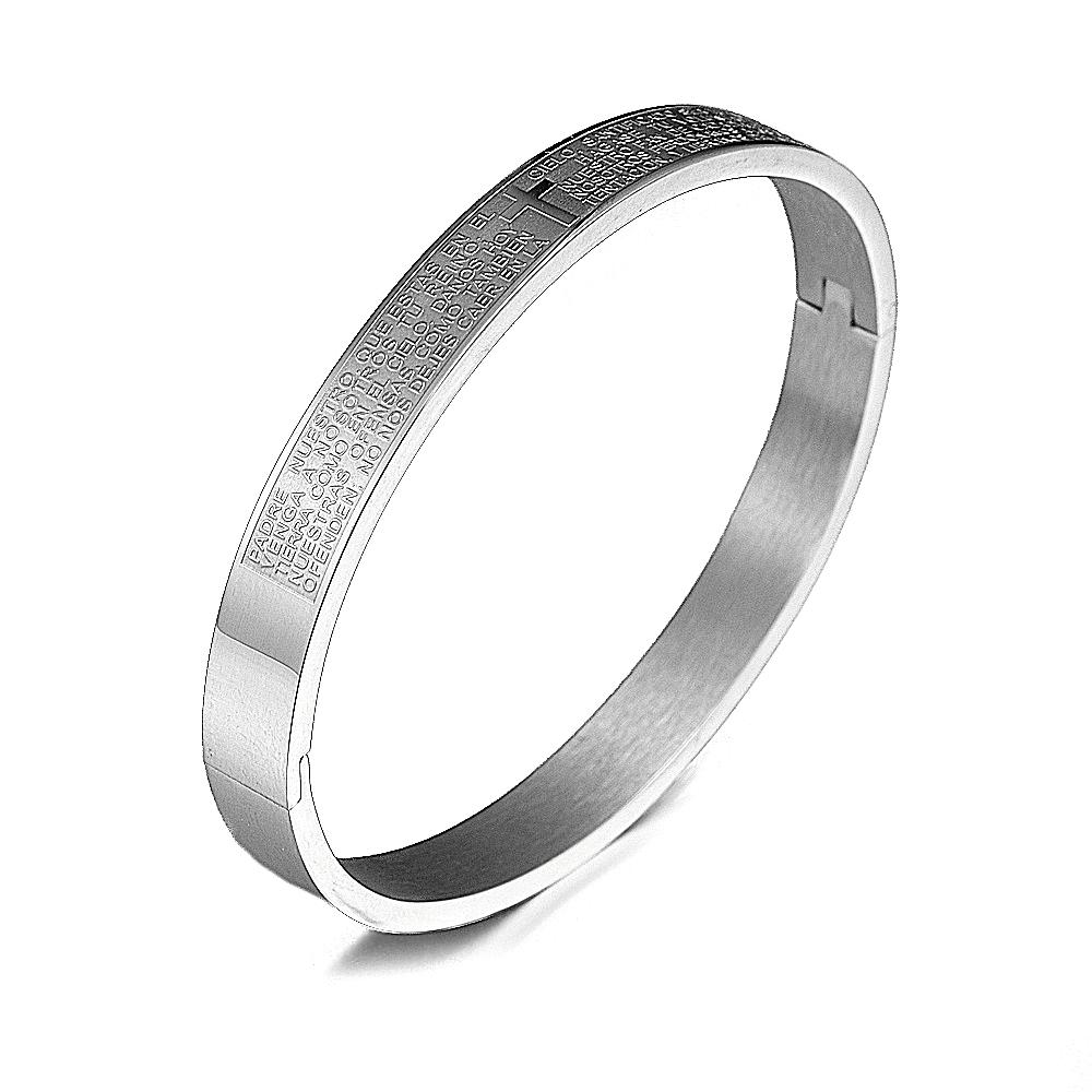 New Luxury Cuff Cross Bracelet Bangle Stainless Steel Open Bracelet Carving Spanish Scripture for Men Women Jewelry M 180mm-190mm strieborná