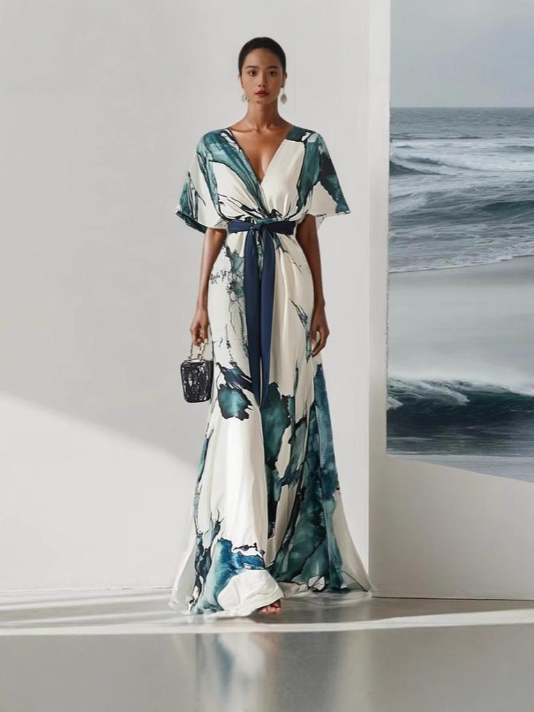 Women's V-Neck Digital Printed Short Sleeve Dress